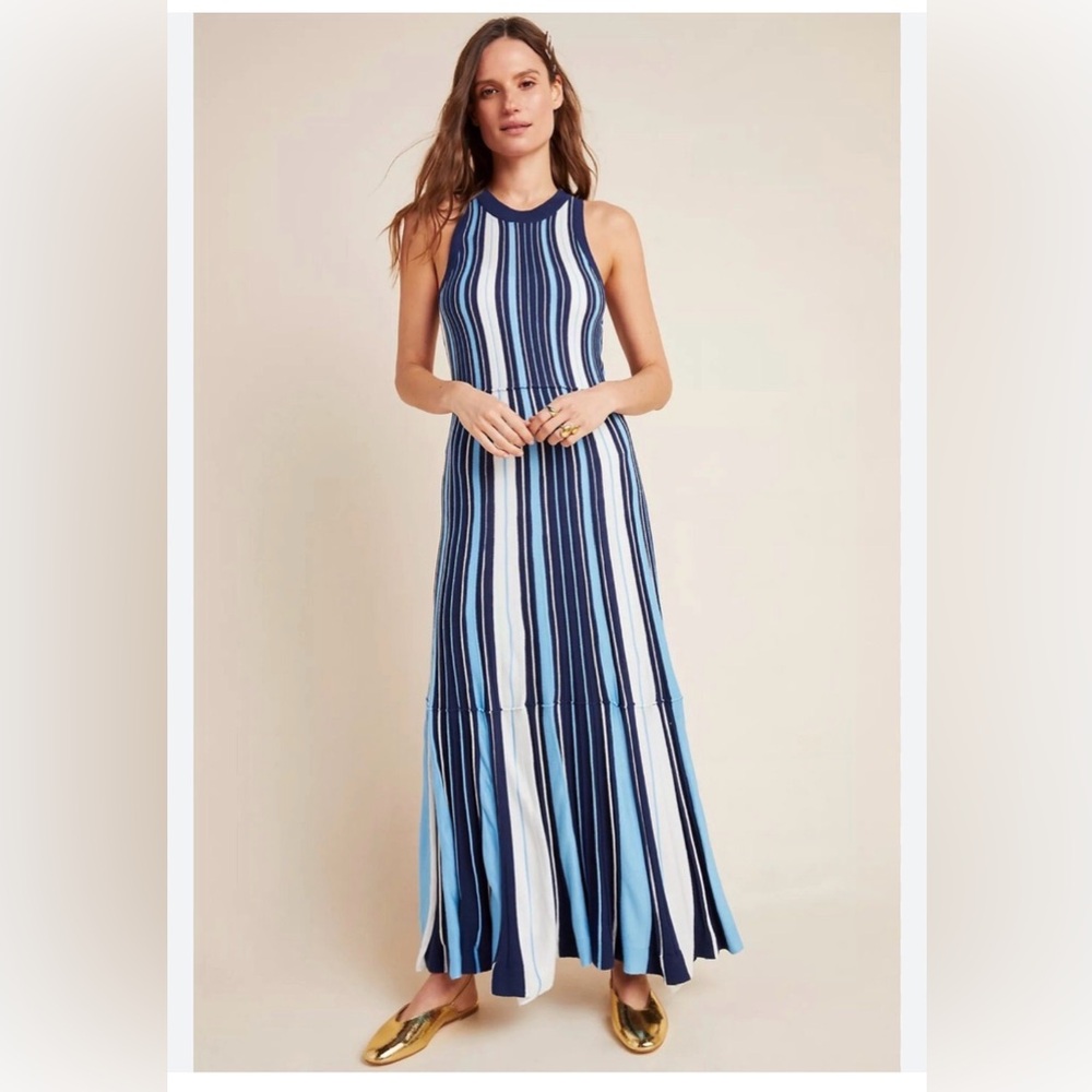 Anthropologie Maeve Sleeveless Blue Striped Maxi Dress small euc